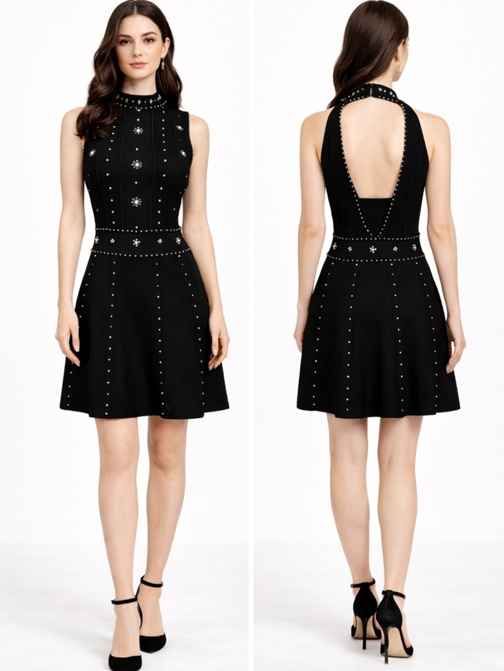 Black Knit Beaded Open Back Dress